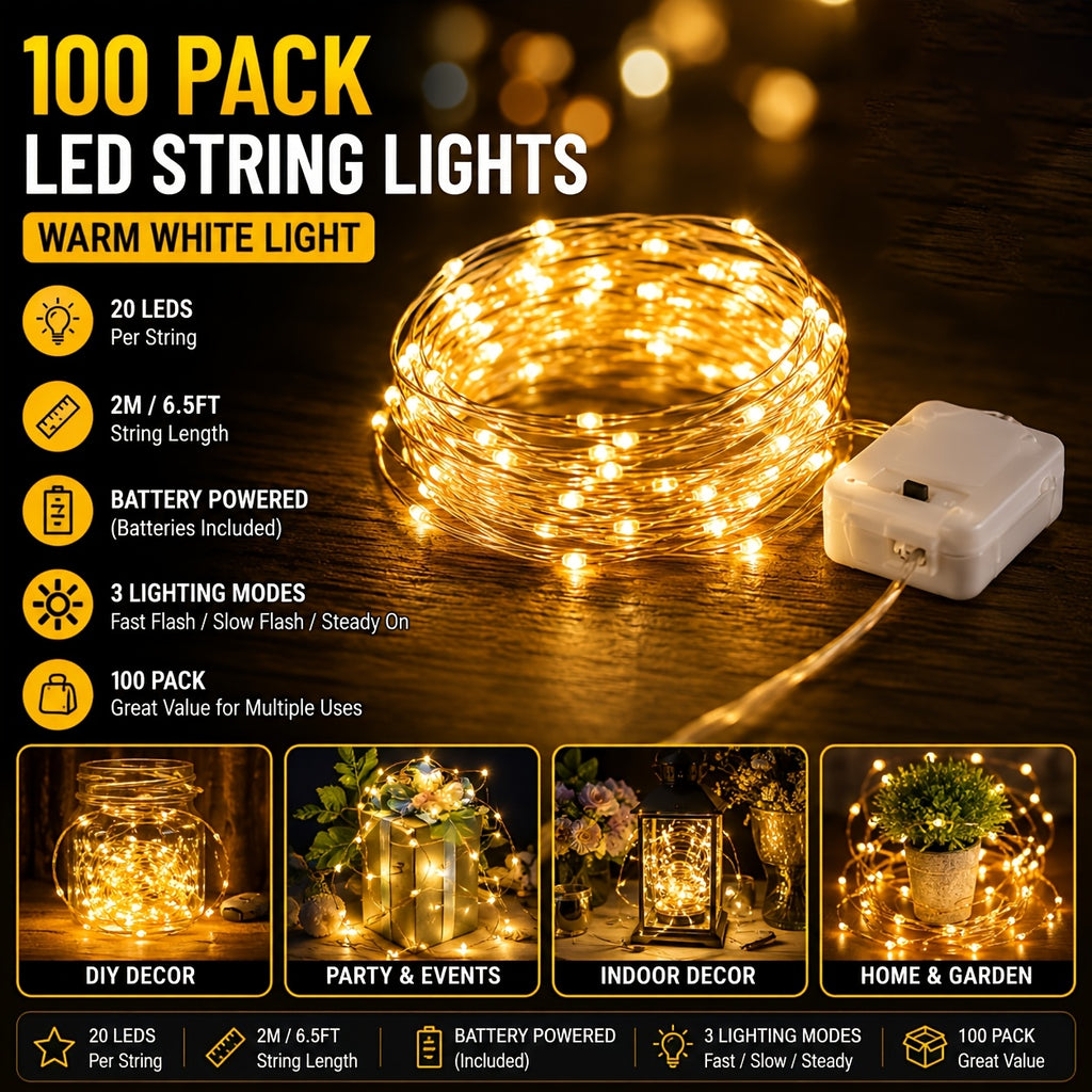 100 Packs Battery Operated Fairy Lights - 6.56 Ft 20 LED Silver Wire Warm White, for Weddings, Parties, Table Decorations, DIY Crafts, Valentine's Day, Mason Jar Decorations (Not Waterproof)