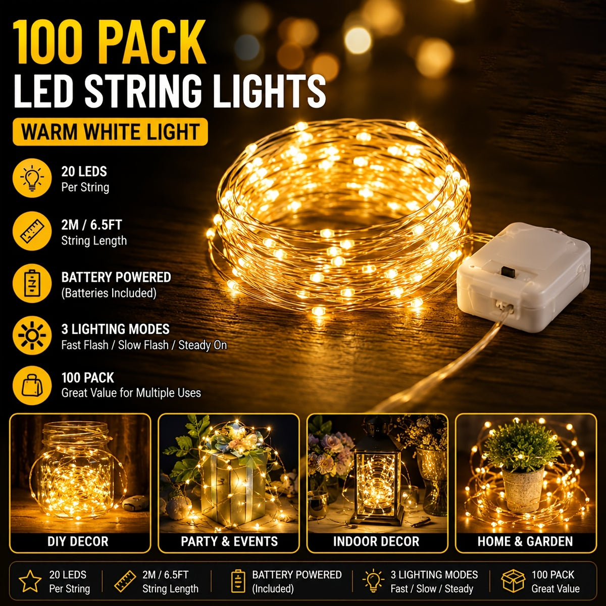 100 Packs Battery Operated Fairy Lights - 6.56 Ft 20 LED Silver Wire Warm White, for Weddings, Parties, Table Decorations, DIY Crafts, Valentine's Day, Mason Jar Decorations (Not Waterproof)