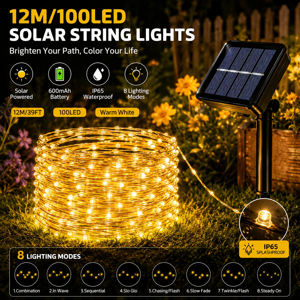 1 Pack Solar Powered Outdoor Copper Wire Fairy String Lights with 100 LEDs, suitable for Christmas, Halloween, Easter and other holiday decorations. Essential outdoor light strings for courtyard, garden and camping decor.
