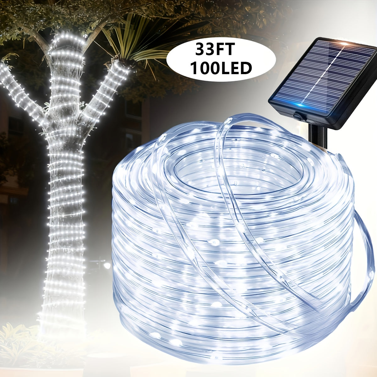1 Pack 100 LED Outdoor Fairy Light String, 33 Feet Solar Powered Clear Hose Light String, IP65F Waterproof Twinkling Garden Decor Rope Lights with 12 Flashing Modes, Auto On at Dusk, Decorate Your Yard, Trees, Fences,