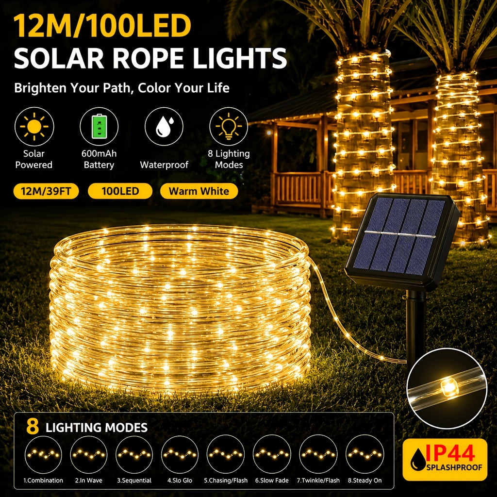 1 Pack Waterproof Solar Outdoor String Lights with 100 LED Bulbs, 39 Feet Length, Eave Decorative Lights, Outdoor Light Strips, IP44 Waterproof Tube Lights, 8 Flashing Modes, Fairy Lights for Courtyards, Gardens, Trees, Parties and Festival Decorations