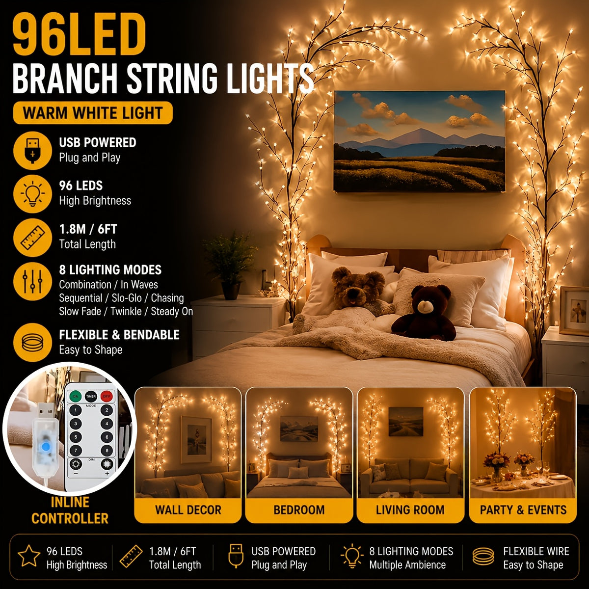 1 Piece Artificial Plant Branch Light for Indoor Wall Decor, 96 LED Weeping Willow Wall Lamp, Aesthetic Decoration for Bedroom and Living Room, Gift for Halloween and Christmas