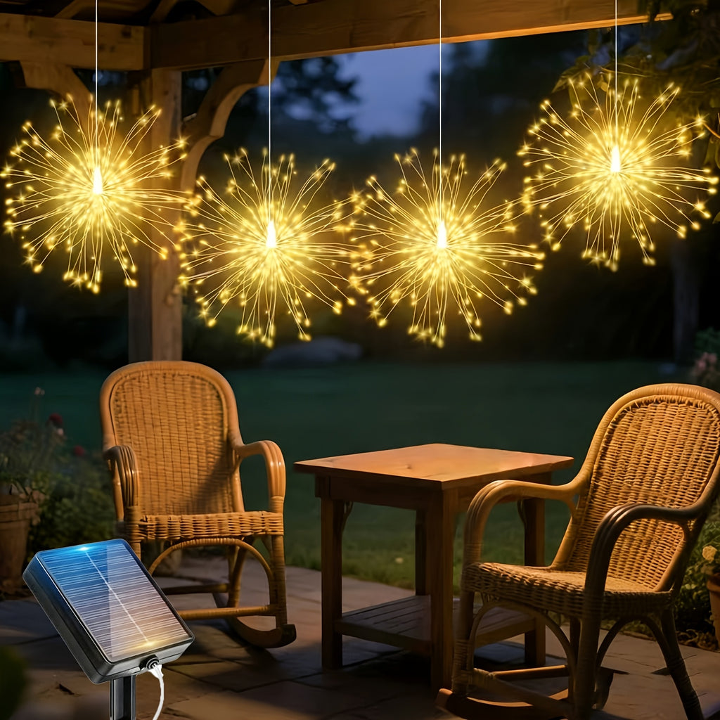 240 LED Solar Hanging Firework Lights, 4 firework lights powered by one main unit, starburst ball lights with 8 selectable modes.balcony railings and porch dinner lighting accents on Christmas Eve, IP44 splash-proof for outdoor use