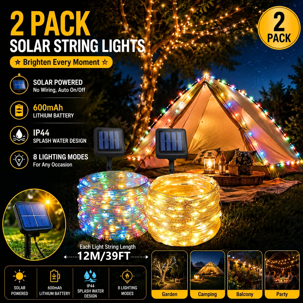 2 packs of solar light strings, ambient lights. Each pack is 39 feet long with 100 LED solar lights. Each string features copper wire flickering with 8 lighting modes, suitable for wedding decorations and outdoor use with IP44 waterproof rating.