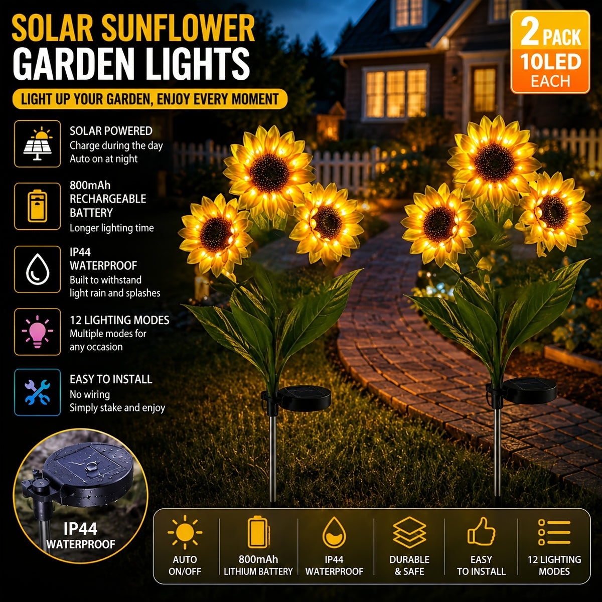 2/4PA (3 Sunflowers) Solar Outdoor Lights, Sunflower Garden Lights. Realistic night glow for decorating courtyards, lawns, homes, terraces and porches. Energy-saving outdoor lighting, garden lighting | Decorative LED Solar Garden Lights, IP44 Splash-proof