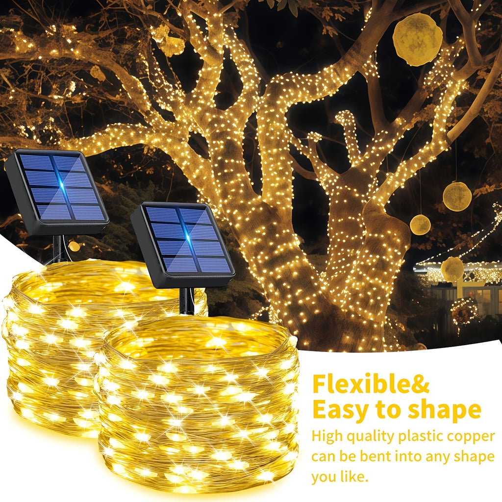 2 Pa Solar Fairy Copper Wire Lights with 100/200/300 high-brightness LED beads, solar-powered, 12 lighting modes. Outdoor fairy string lights suitable for decorations in gardens, yards, fences, camping, parties, birthdays and Christmas.