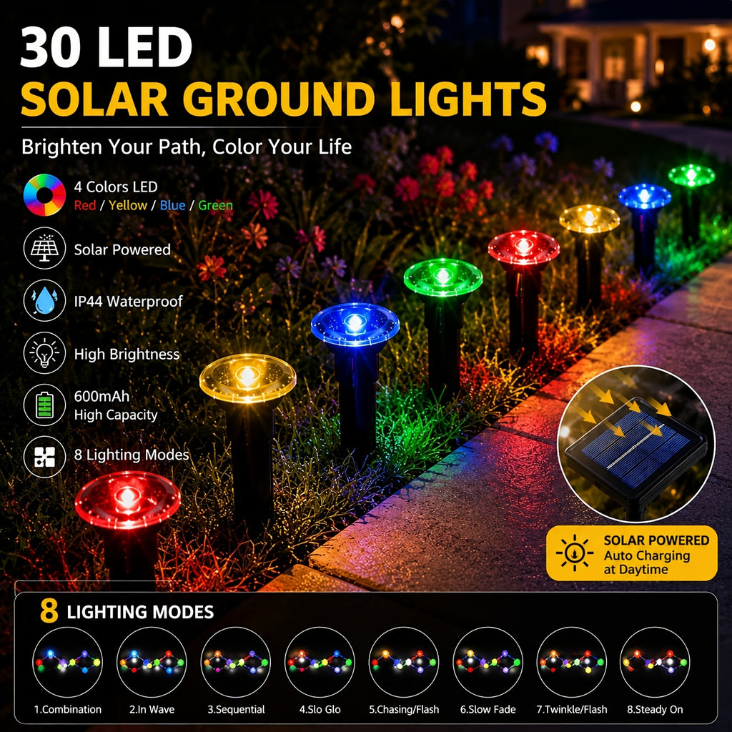 30 Solar Path Lights, Garden Decor Lights, Outdoor Ground Lamps, Landscape Lighting Decorations with 8 switchable modes, solar powered, IP44 waterproof. Ideal for lawns, camping, parties, dances, weddings and Christmas decorations.