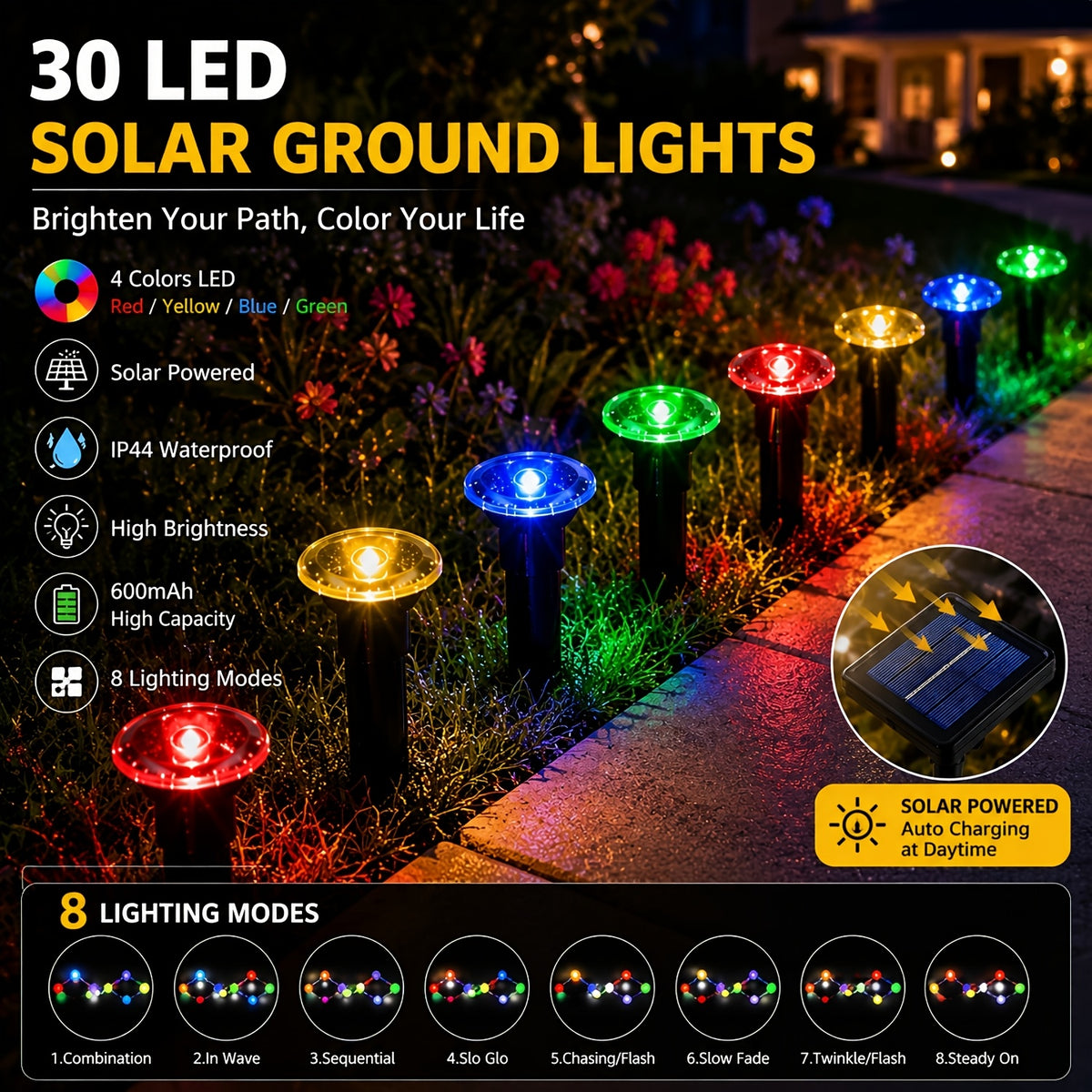 30 Solar Path Lights, Garden Decor Lights, Outdoor Ground Lamps, Landscape Lighting Decorations with 8 switchable modes, solar powered, IP44 waterproof. Ideal for lawns, camping, parties, dances, weddings and Christmas decorations.