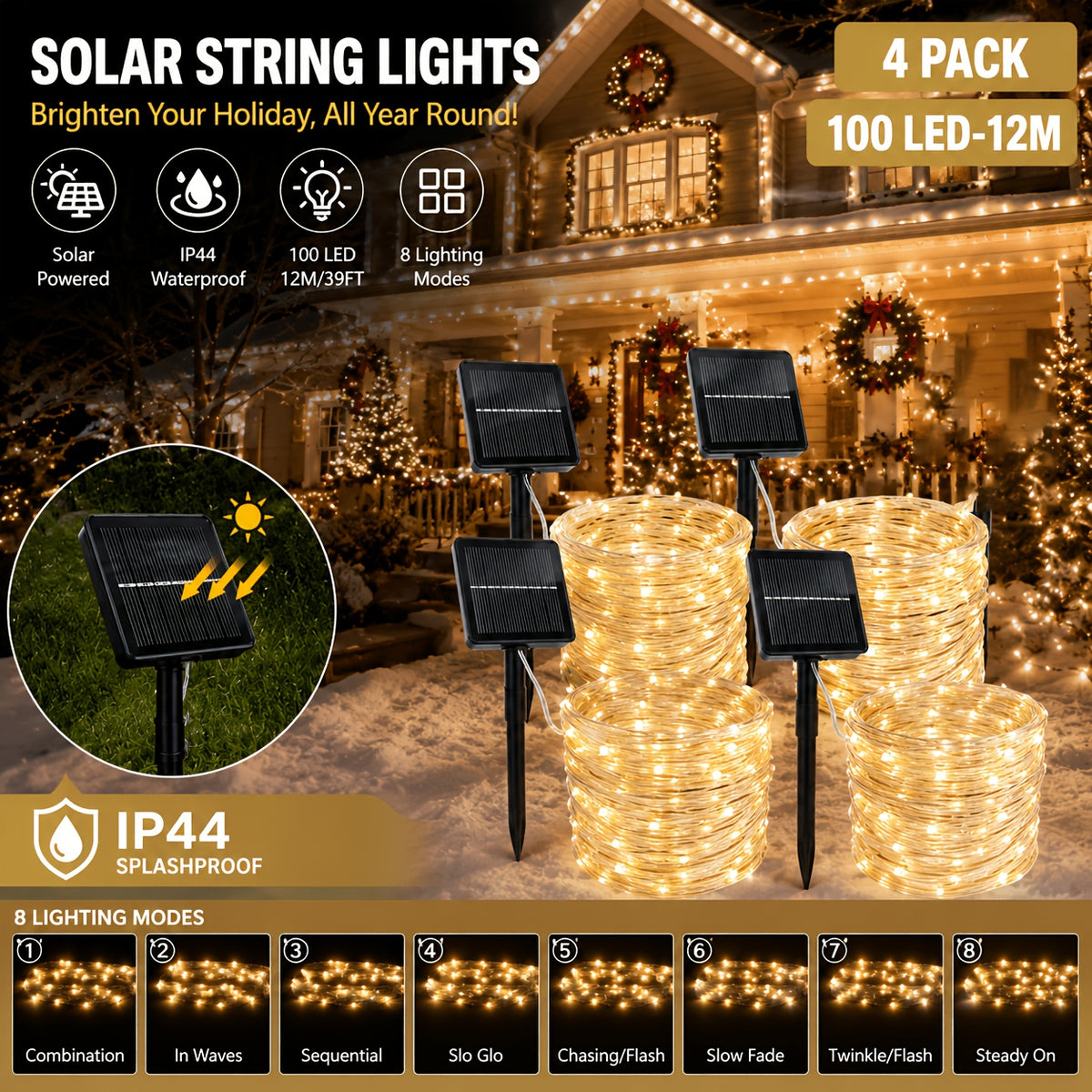4 packs solar string lights, multiple colors available, total length 160 feet (39 feet per pack with 100 LEDs). Solar Christmas tree lights with 8 lighting modes, suitable for indoor home, courtyard and party decorations.
