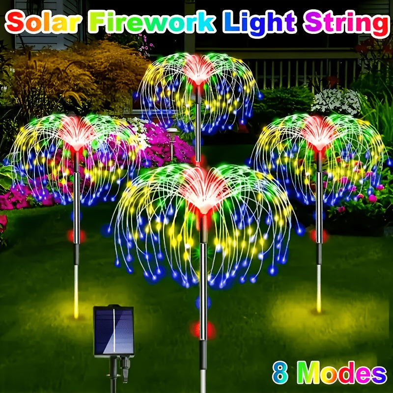 4 Solar Firework Lights, Outdoor Garden 240 LED Firework Lights for Christmas and Thanksgiving Decorations, IP44 Waterproof with 8 Lighting Modes, Warm White / Multicolor Balconies, Pathways, Lawns and Camping