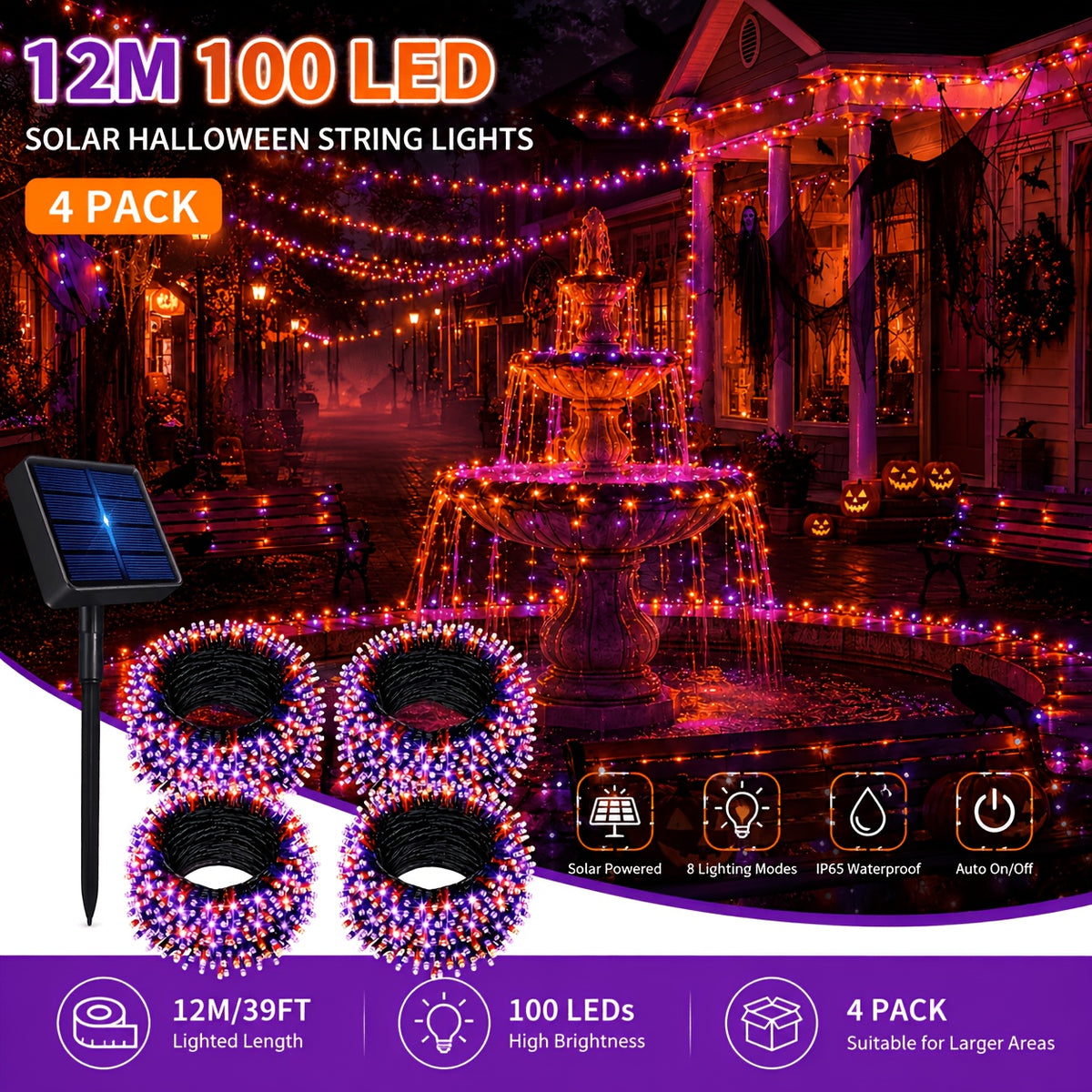 4 Packs Solar Halloween Decorative Lights, Orange and Purple Lights. Each pack of solar outdoor string lights (39FT-100LED) features 8 lighting flash modes. These waterproof lights are ideal for decorating your garden for Halloween,