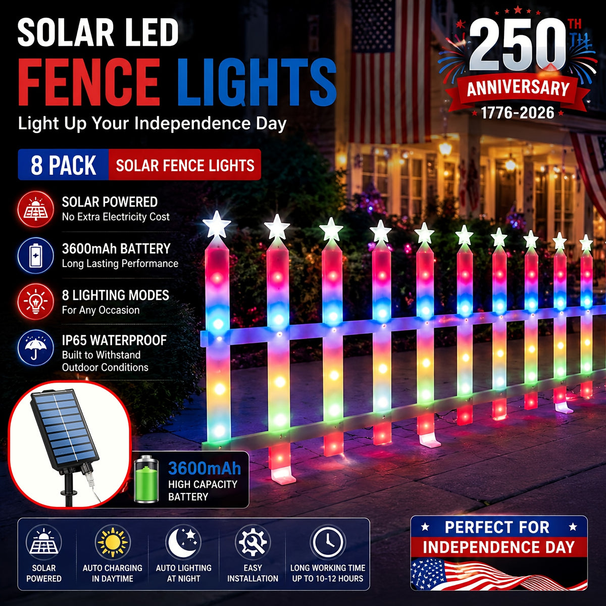 8-Piece Solar Outdoor Lights, Independence Day Decorative Lights, July 4th Star Decor Lights, Simulated Fence for Garden Decoration, Connectable in Multiple Sets, IP65 Splash-Proof for Outdoor Use, 8 Flashing Modes, 3600mAh Battery.