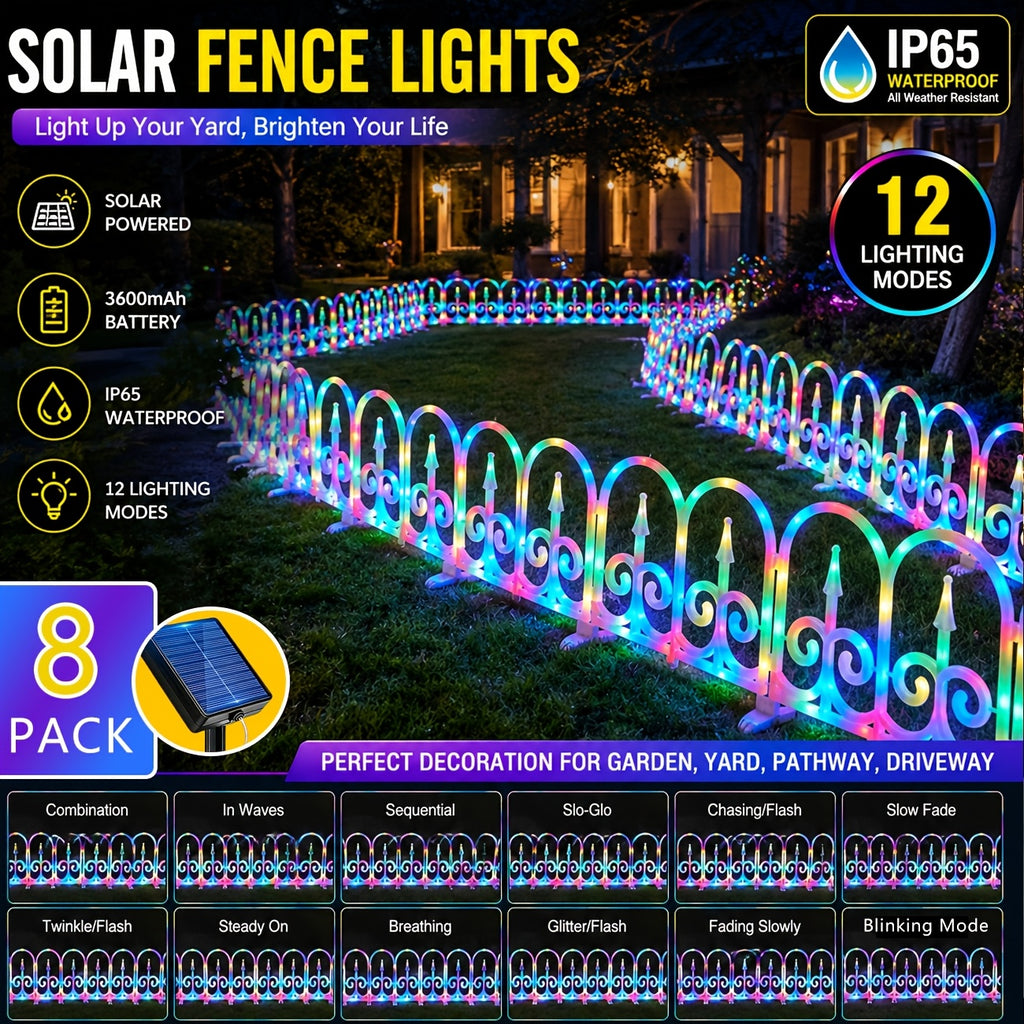 8-piece solar outdoor lights, decorative simulated garden fences that can be spliced together. IP65 splash-proof for outdoor use, featuring 12 flashing modes and a 3600mAh battery. An ideal choice for Christmas, Independence Day,
