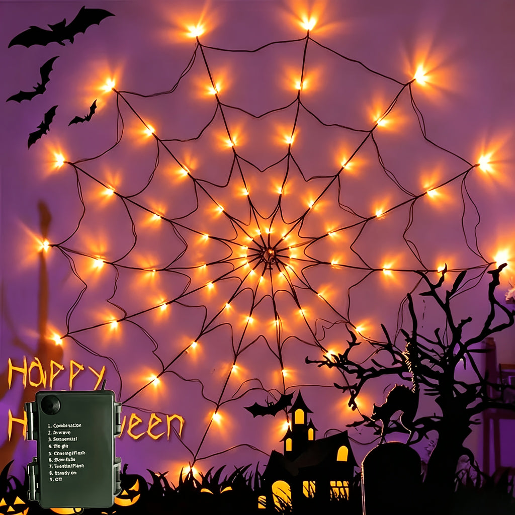 Halloween Decorative Lights, Orange & Purple Lights, Orange Net Lights Halloween Spider Web Lights - 4ft Diameter with 70 LEDs, Indoor Decor Lights, 8-Mode Spider Web Halloween Decor (3 AA Batteries Not Included; Spider Doll Not Included)