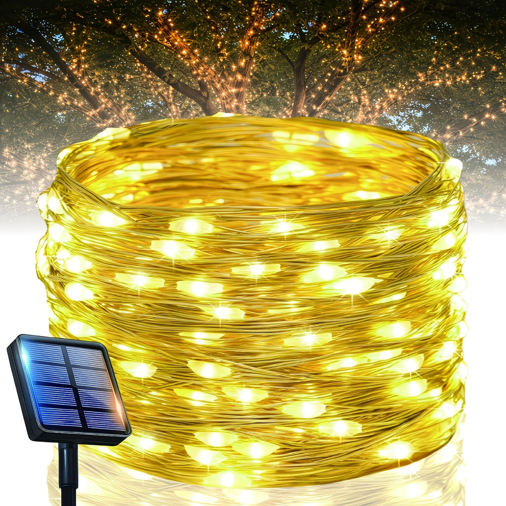 Outdoor Fairy Copper Wire Lights, optional 100/200/300 LEDs, 12 lighting modes, equipped with smart light sensor for automatic on and off. Suitable for decorating gardens, courtyards, camping sites, weddings, trees,  Day. IP44 splash-proof.