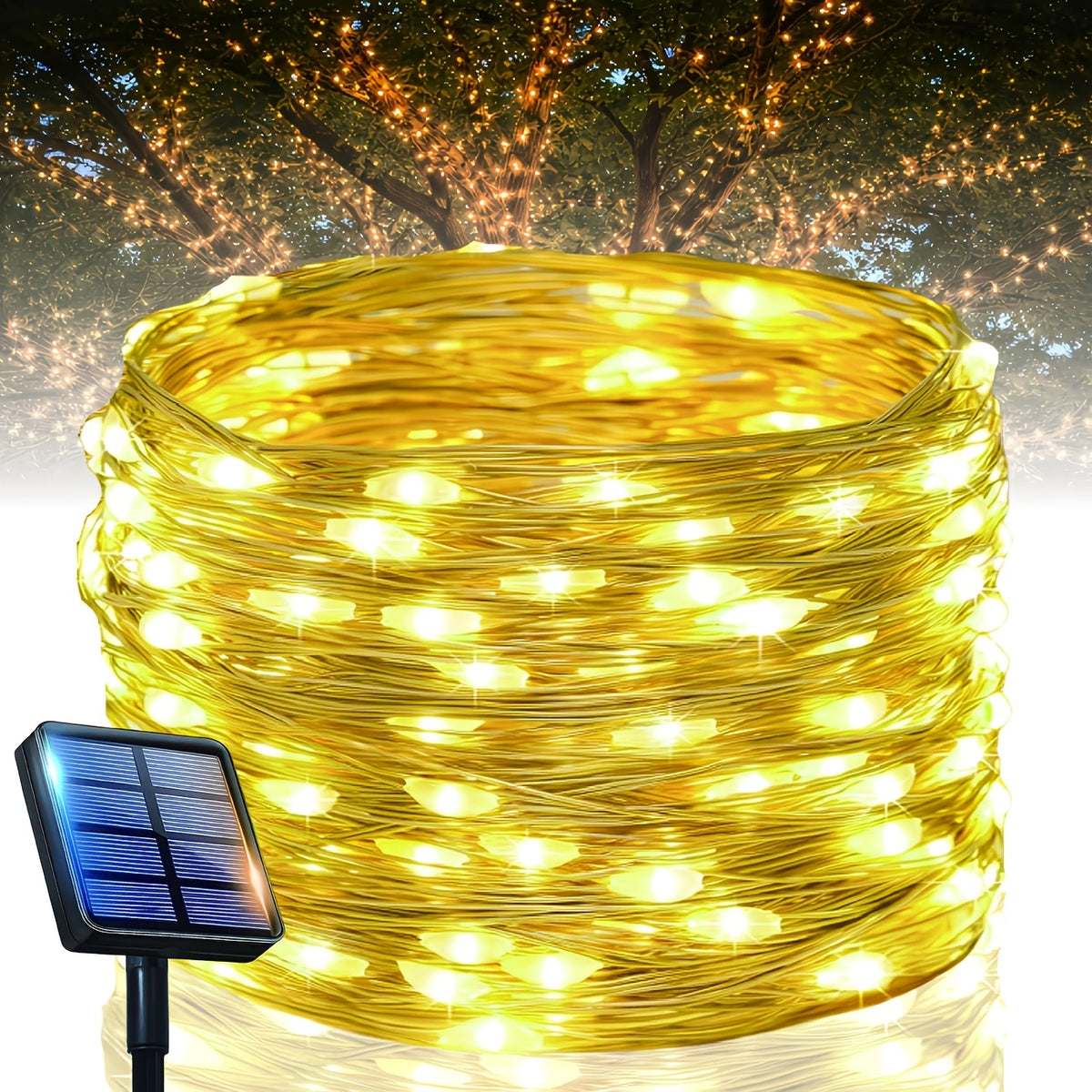 Outdoor Fairy Copper Wire Lights, optional 100/200/300 LEDs, 12 lighting modes, equipped with smart light sensor for automatic on and off. Suitable for decorating gardens, courtyards, camping sites, weddings, trees,  Day. IP44 splash-proof.