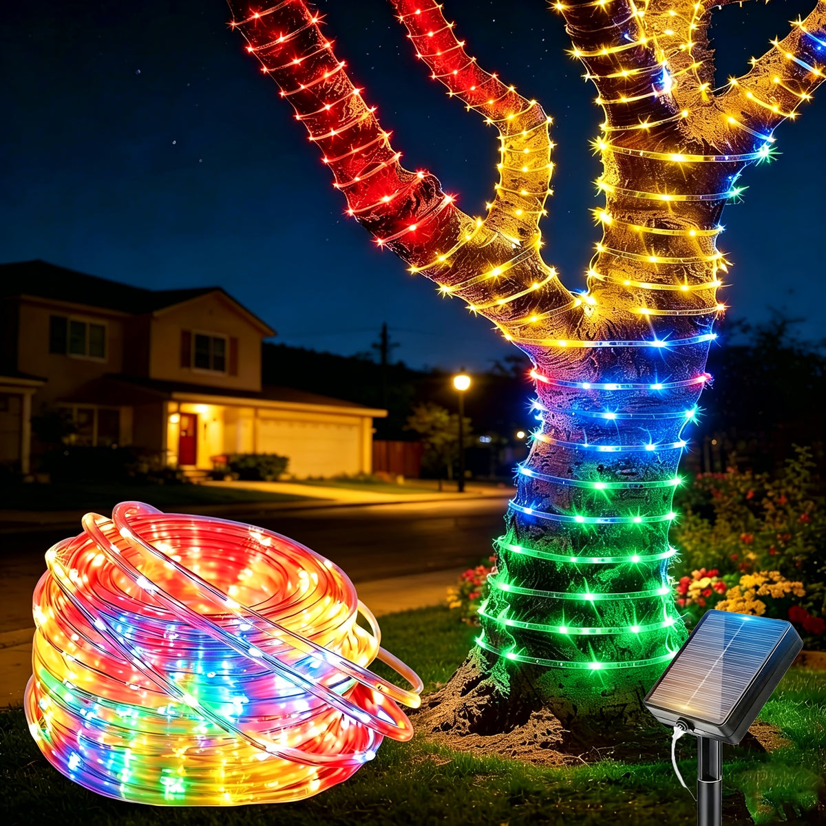 Solar Outdoor Waterproof Light Strip, Summer Garden Decoration, Tree Lights, Multiple Colors, Mother's Day & Christmas Holiday Decorations, 10 Meters 100 LEDs, IP65 Outdoor Waterproof, Charges During the Day and Automatically Lights Up at Night,