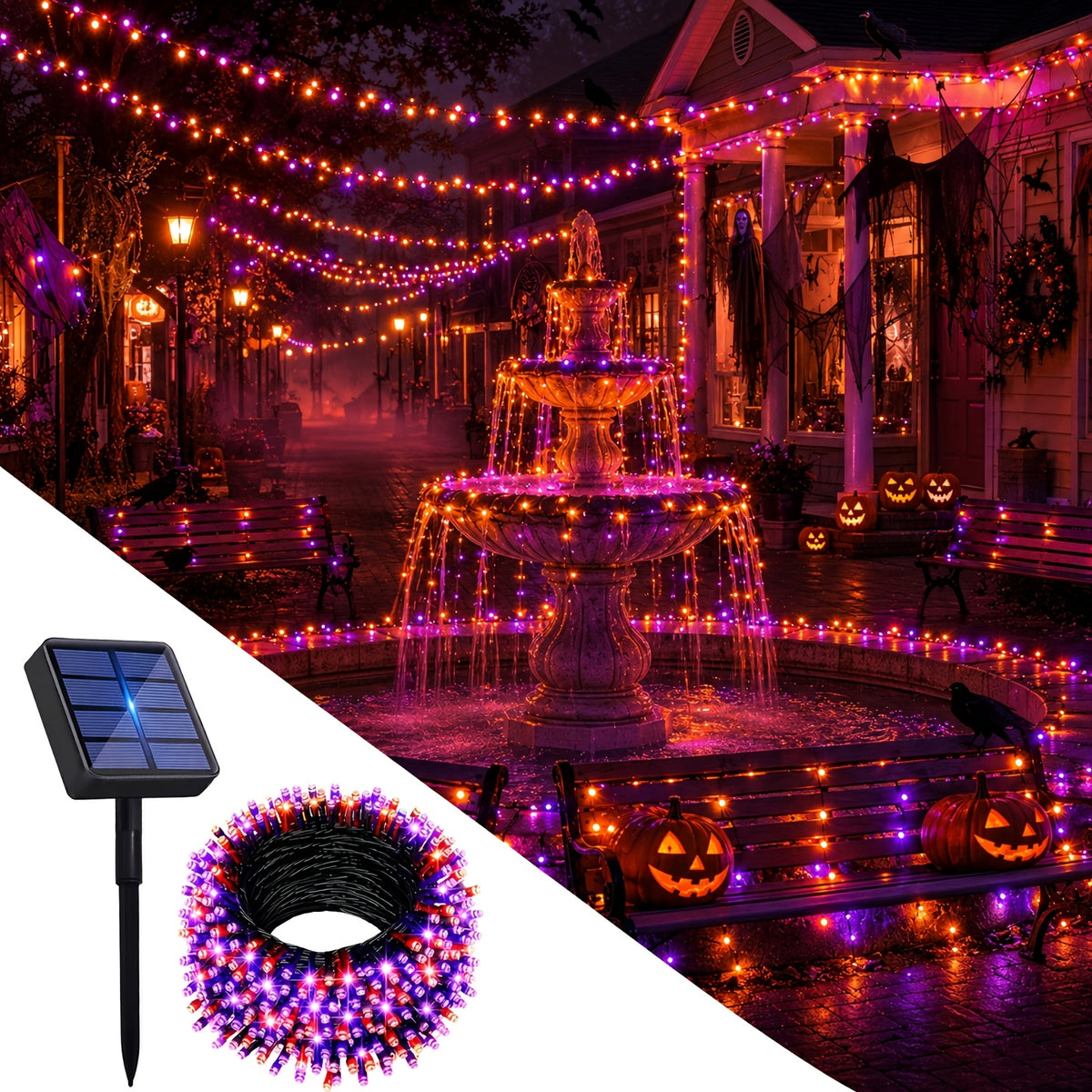 Halloween decorative lights, orange and purple lights, solar outdoor string lights, 1 pack, 39 feet with 100 LEDs and 8 lighting flash modes. These waterproof lights are ideal for decorating your garden for Halloween, parties or Christmas trees.