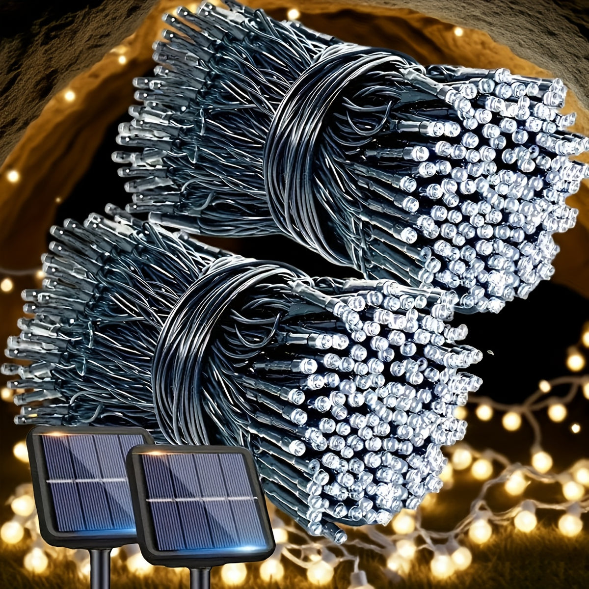 Upgraded Outdoor Solar String Lights, 2 Pack (10M/33FT-100LED per pack) with 8 Modes, IP65 Waterproof Outdoor Solar Twinkling Lights, Cold White Light for Garden, Tree, Party and Christmas Decorations