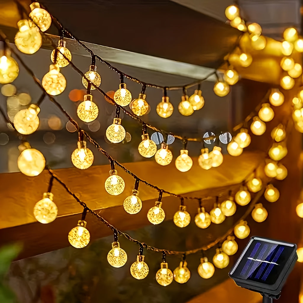 Solar String Lights, 39ft/22ft/16ft, with 12 lighting modes and 100/50/20 LED bubble balls, modern style, plastic material, switch controlled, suitable for gardens, Christmas, weddings, birthdays, holiday themed decorations, Independence Day light strings