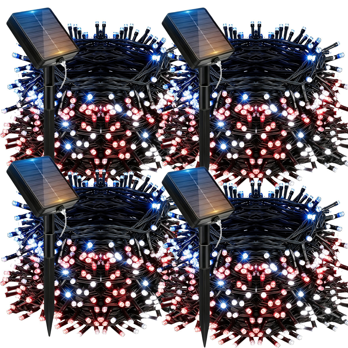 Red White Blue Solar String Lights for Independence Day, 4 Sets with 100 Lights Each, 8 Lighting Modes, Patriotic Decorative Lights. Battery-Free Holiday Ambience Rope Lights, IP65 Splash-Proof for Outdoor Use, Suitable for Courtyards, Gardens,