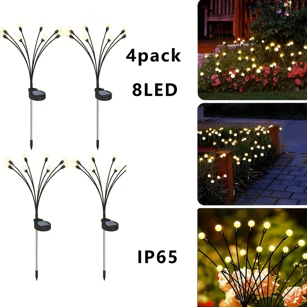 Solar Outdoor Ground Plug Lights, 4 Pack × 8 LED Solar Firefly Lawn Lights, 12-Mode Warm White Courtyard Fairy Lights, swaying with the wind, light sensor equipped, with ground spike fittings, suitable for outdoor courtyard decoration, festivals