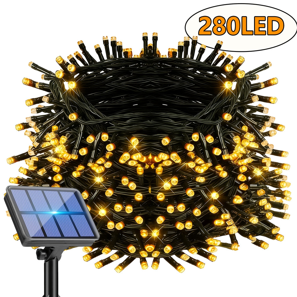 Outdoor Solar LED String Lights, 1 pack with 280 LEDs over 98 feet, IP65 splash-proof. The twinkling light string is ideal for decorating gardens, patios, Christmas, Valentine's Day, festivals, offices and bedrooms, equipped with a large 1200mAh battery.