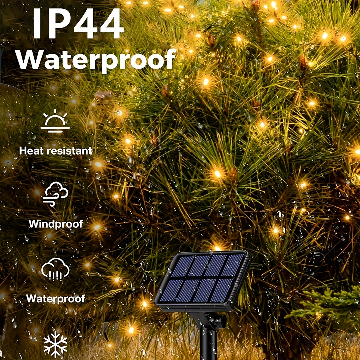 1 Pack Solar Powered Outdoor Copper Wire Fairy String Lights with 100 LEDs, suitable for Christmas, Halloween, Easter and other holiday decorations. Essential outdoor light strings for courtyard, garden and camping decor.