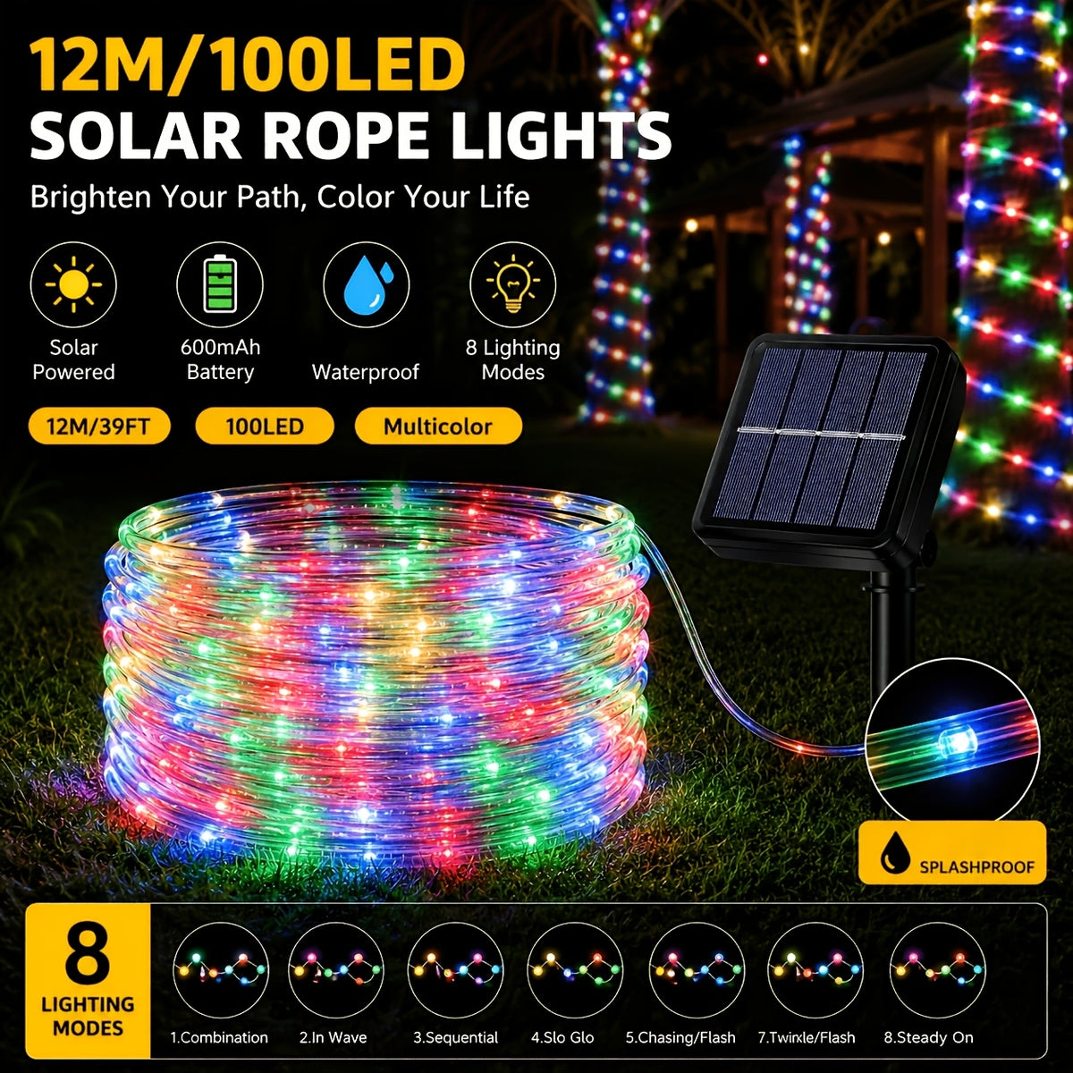 1 Pack Waterproof Solar Outdoor String Lights with 100 LED Bulbs, 39 Feet Length, Eave Decorative Lights, Outdoor Light Strips, IP44 Waterproof Tube Lights, 8 Flashing Modes, Fairy Lights for Courtyards, Gardens, Trees, Parties and Festival Decorations