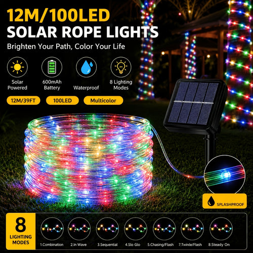 1 Pack Waterproof Solar Outdoor String Lights with 100 LED Bulbs, 39 Feet Length, Eave Decorative Lights, Outdoor Light Strips, IP44 Waterproof Tube Lights, 8 Flashing Modes, Fairy Lights for Courtyards, Gardens, Trees, Parties and Festival Decorations