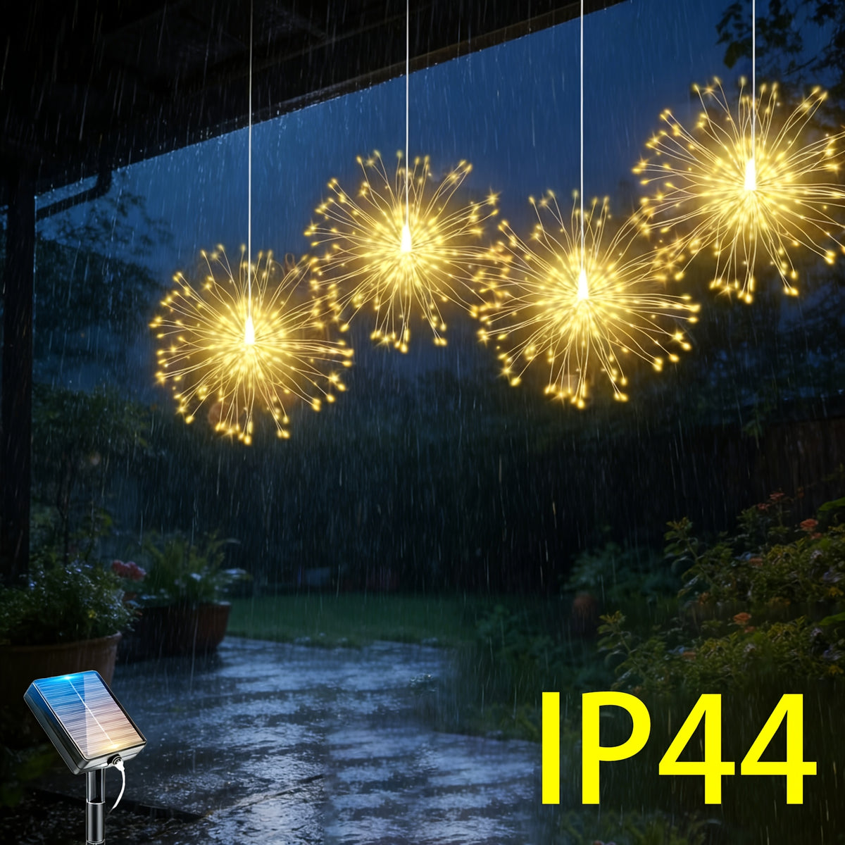 240 LED Solar Hanging Firework Lights, 4 firework lights powered by one main unit, starburst ball lights with 8 selectable modes.balcony railings and porch dinner lighting accents on Christmas Eve, IP44 splash-proof for outdoor use