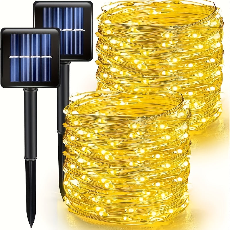 2 packs of solar light strings, ambient lights. Each pack is 39 feet long with 100 LED solar lights. Each string features copper wire flickering with 8 lighting modes, suitable for wedding decorations and outdoor use with IP44 waterproof rating.