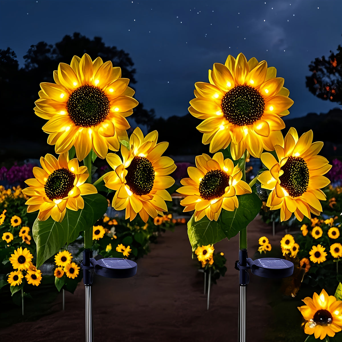 2/4PA (3 Sunflowers) Solar Outdoor Lights, Sunflower Garden Lights. Realistic nighttime glow for decorating courtyards, lawns, homes, terraces and porches.Decorative LED Solar Garden Lights, IP44 Splash-proof