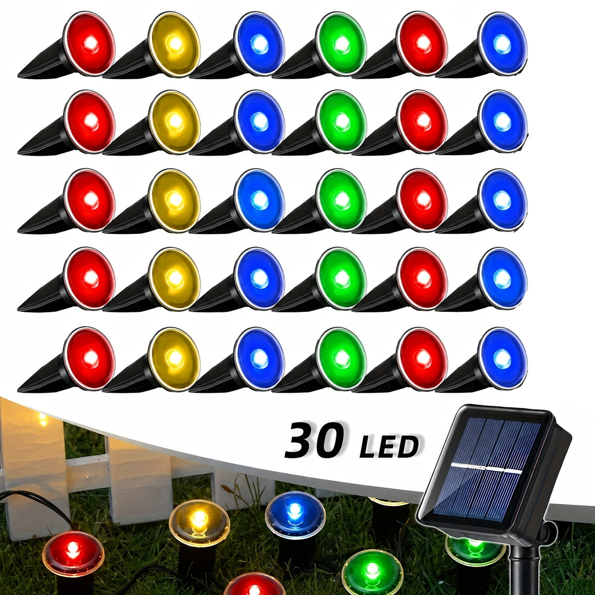 30 Solar Path Lights, Garden Decor Lights, Outdoor Ground Lamps, Landscape Lighting Decorations with 8 switchable modes, solar powered, IP44 waterproof. Ideal for lawns, camping, parties, dances, weddings and Christmas decorations.