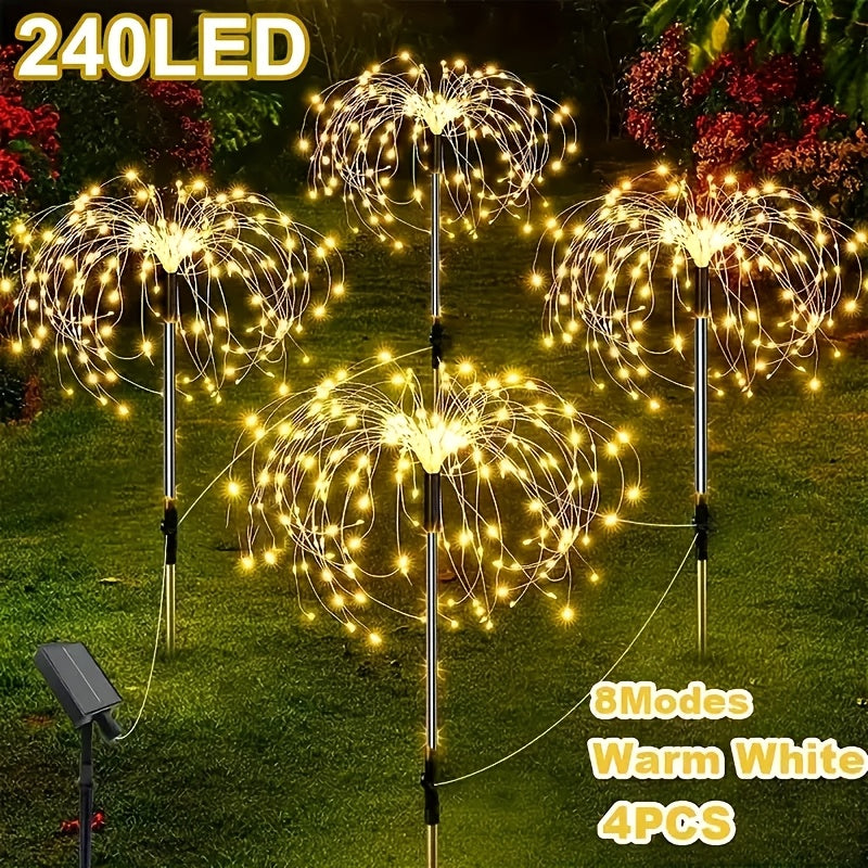 4 Solar Firework Lights, Outdoor Garden 240 LED Firework Lights for Christmas and Thanksgiving Decorations, IP44 Waterproof with 8 Lighting Modes, Warm White / Multicolor Balconies, Pathways, Lawns and Camping