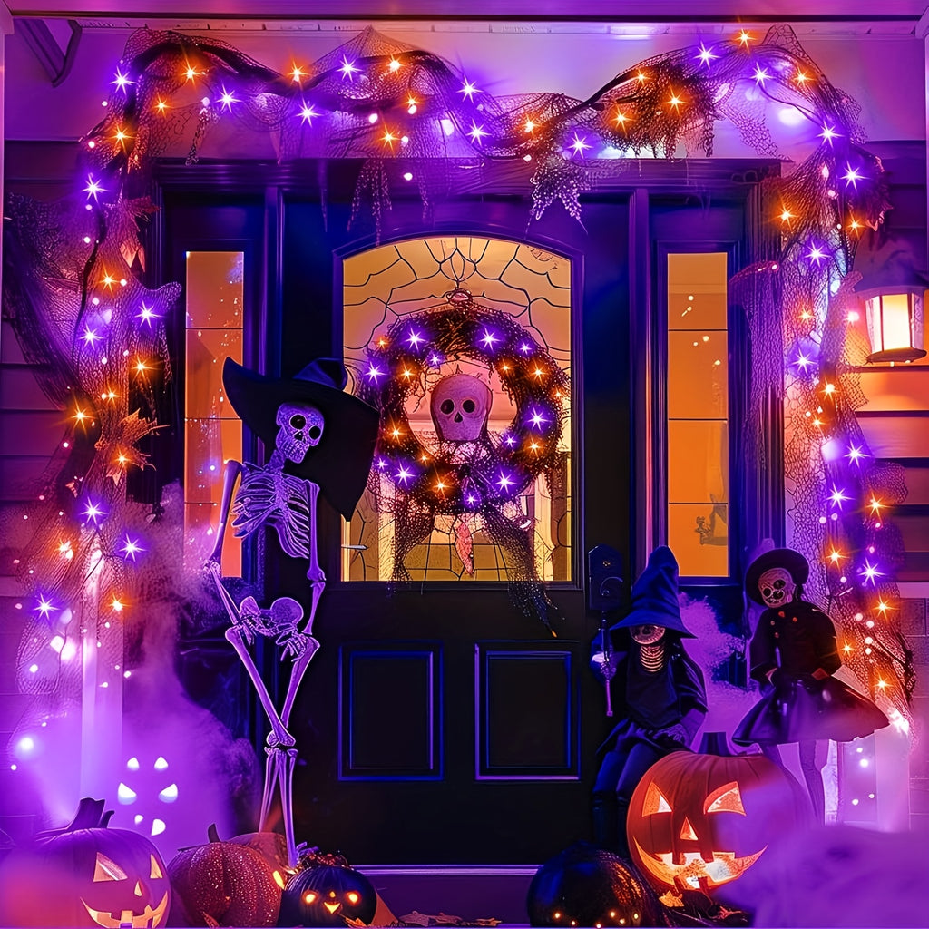 4 Packs Solar Halloween Decorative Lights, Orange and Purple Lights. Each pack of solar outdoor string lights (39FT-100LED) features 8 lighting flash modes. These waterproof lights are ideal for decorating your garden for Halloween,