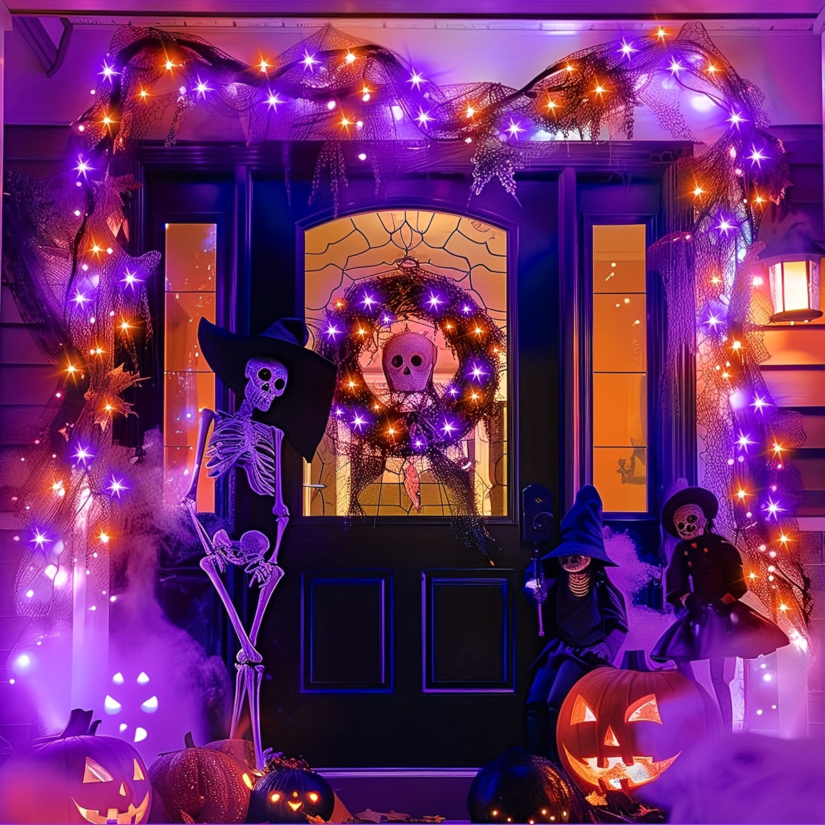 4 Packs Solar Halloween Decorative Lights, Orange and Purple Lights. Each pack of solar outdoor string lights (39FT-100LED) features 8 lighting flash modes. These waterproof lights are ideal for decorating your garden for Halloween,