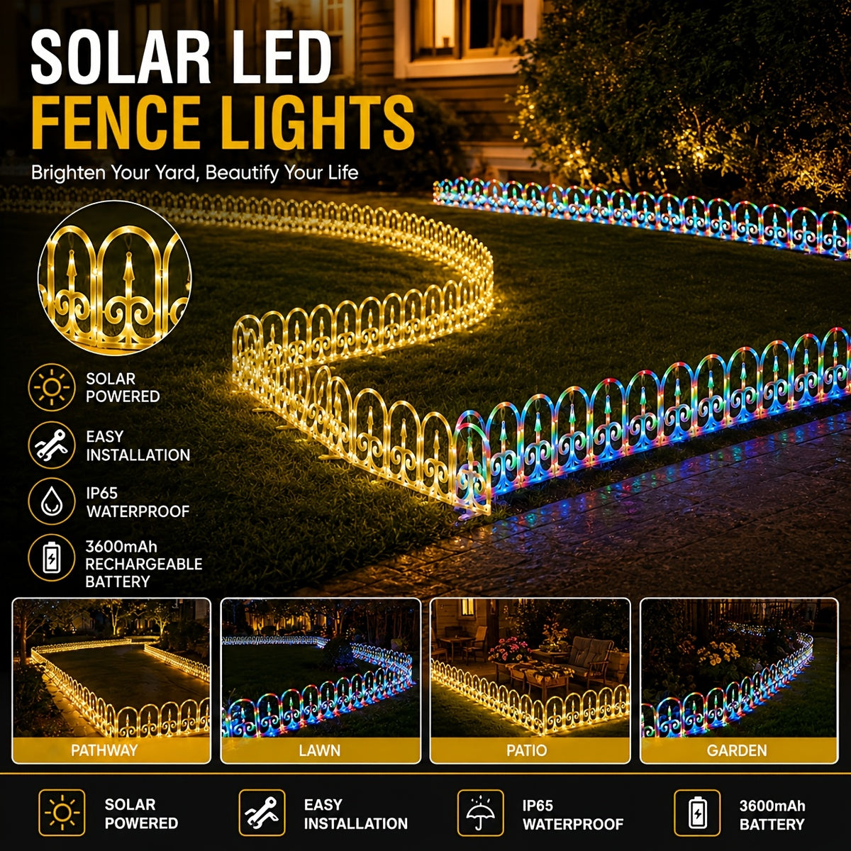 8-piece solar outdoor lights, decorative simulated garden fences that can be spliced together. IP65 splash-proof for outdoor use, featuring 12 flashing modes and a 3600mAh battery. An ideal choice for Christmas, Independence Day,