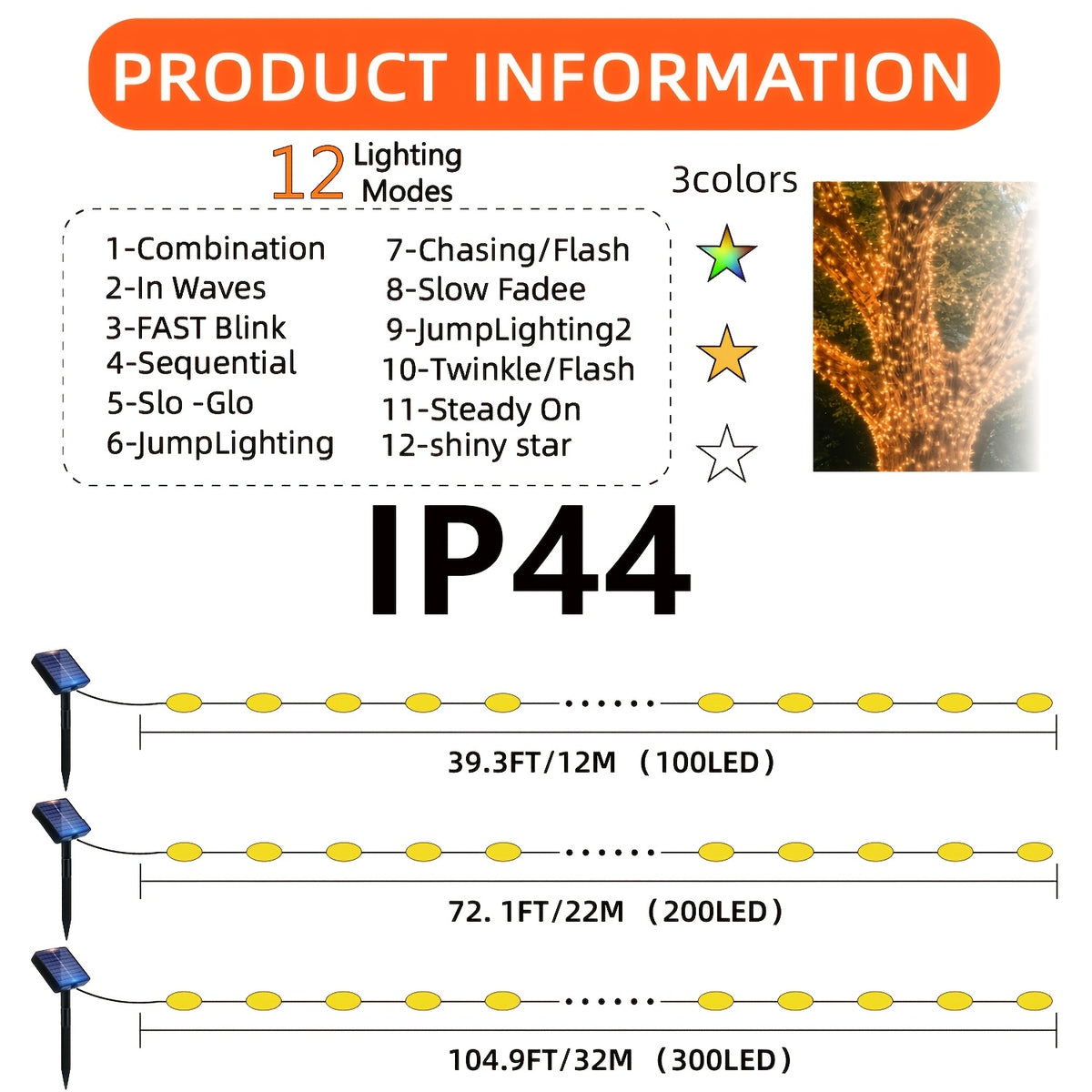 Outdoor Fairy Copper Wire Lights, optional 100/200/300 LEDs, 12 lighting modes, equipped with smart light sensor for automatic on and off. Suitable for decorating gardens, courtyards, camping sites, weddings, trees,  Day. IP44 splash-proof.