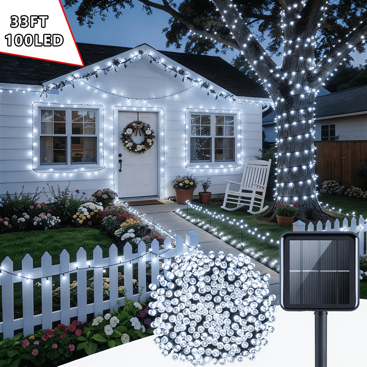 Upgraded Outdoor Solar String Lights, 2 Pack (10M/33FT-100LED per pack) with 8 Modes, IP65 Waterproof Outdoor Solar Twinkling Lights, Cold White Light for Garden, Tree, Party and Christmas Decorations