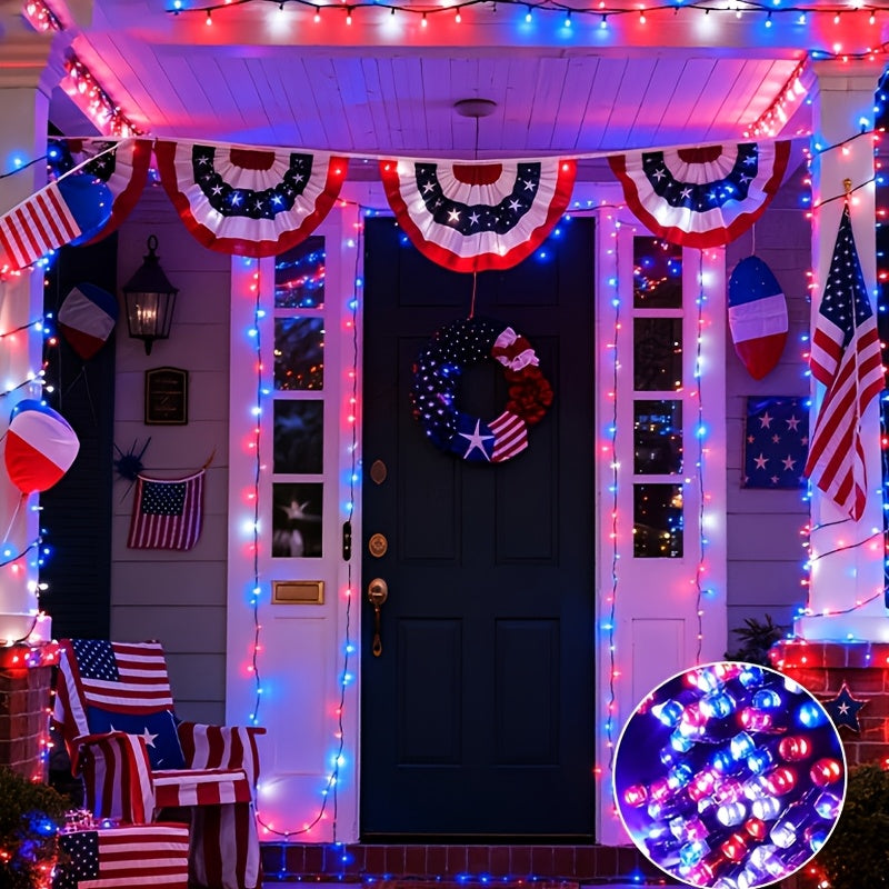 Red White Blue Solar String Lights for Independence Day, 4 Sets with 100 Lights Each, 8 Lighting Modes, Patriotic Decorative Lights. Battery-Free Holiday Ambience Rope Lights, IP65 Splash-Proof for Outdoor Use, Suitable for Courtyards, Gardens,