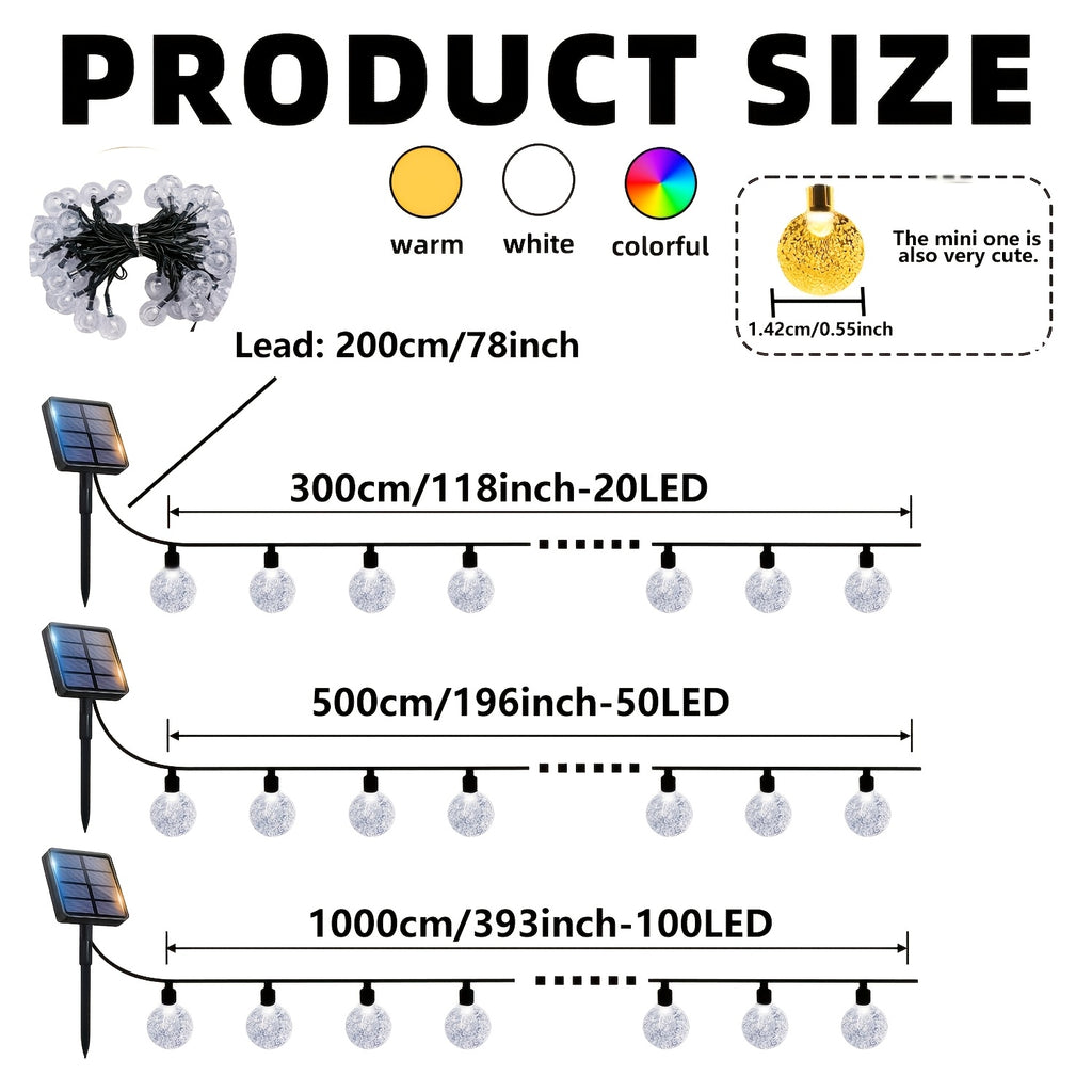 100/50/20 LED Outdoor Solar String Lights, 8 Modes Fairy String Lights, Light Sensor On/Off, Approximately 85 Lumens, IP68 Waterproof, Decorative Lighting for Festivals, Suitable for Weddings, Parties, Yards, Gardens, Camping, Cafés and Balls