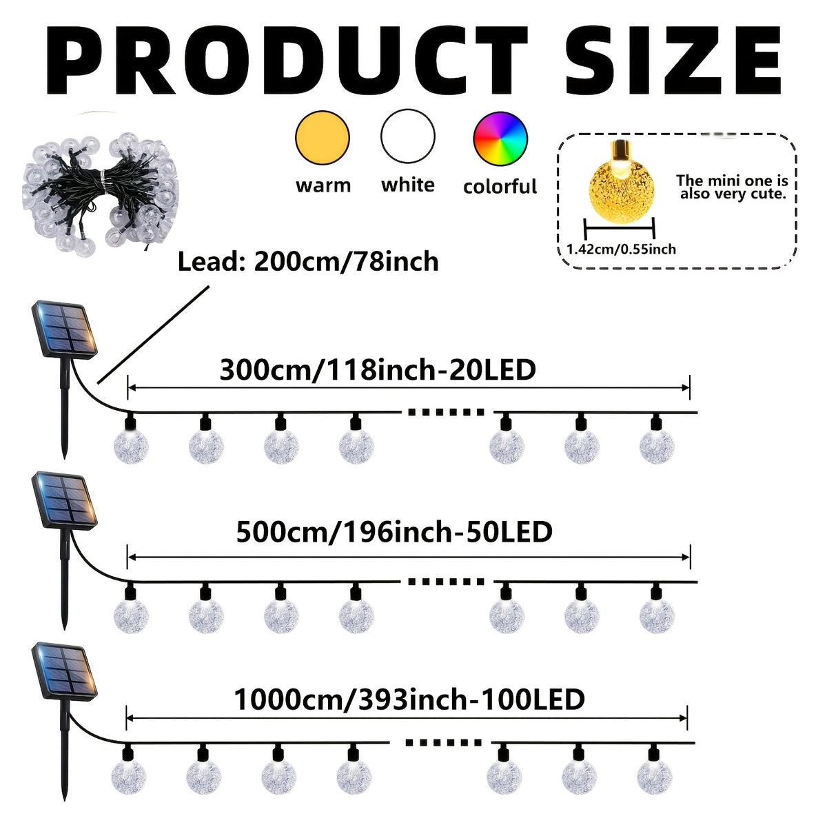 100/50/20 LED Outdoor Solar String Lights, 8 Modes Fairy String Lights, Light Sensor On/Off, Approximately 85 Lumens, IP68 Waterproof, Decorative Lighting for Festivals, Suitable for Weddings, Parties, Yards, Gardens, Camping, Cafés and Balls