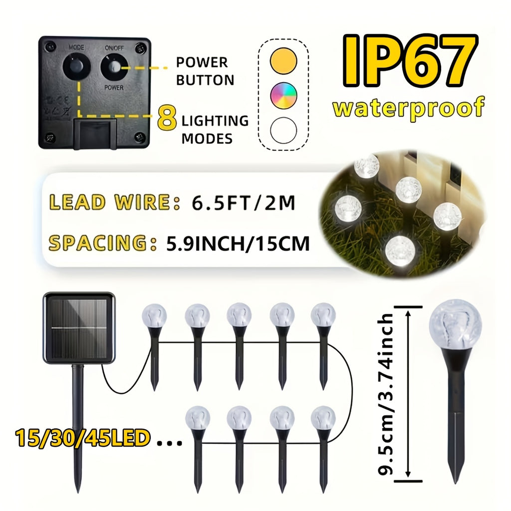 15/30/45 LED Solar Bubble Ball Stake Lights for Garden Flower Beds, Foam-shaped Solar LED Garden Path Lights, Decorative Crystal Ball String Lights, Suitable for Courtyards, Camping, Parties, Festivals, Weddings, Dances and Birthday Decorations