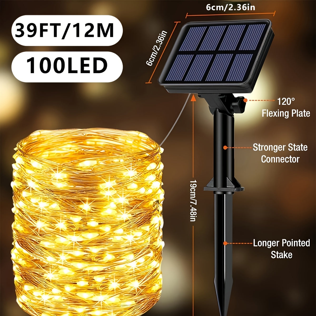1 Pack Solar Powered Outdoor Copper Wire Fairy String Lights with 100 LEDs, suitable for Christmas, Halloween, Easter and other holiday decorations. Essential outdoor light strings for courtyard, garden and camping decor.