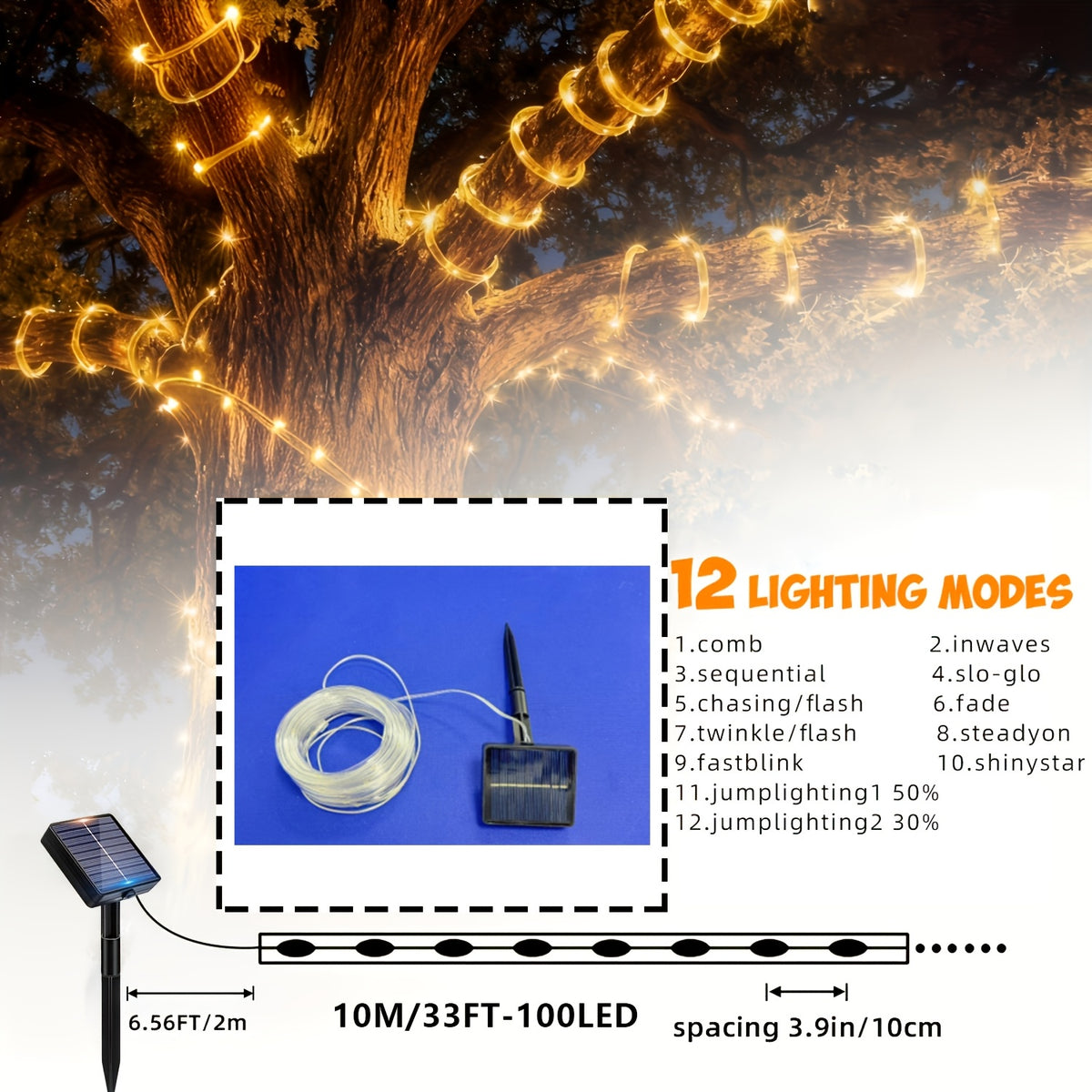 1 Pack 100 LED Outdoor Fairy Light String, 33 Feet Solar Powered Clear Hose Light String, IP65F Waterproof Twinkling Garden Decor Rope Lights with 12 Flashing Modes, Auto On at Dusk, Decorate Your Yard, Trees, Fences,
