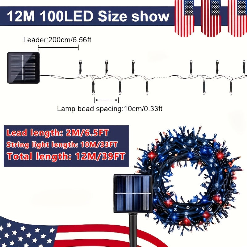 1 pack Independence Day Solar String Lights, July 4th Decorative Lights, 250th Anniversary, Memorial Day Decorations, for Independence Day, National Day, Christmas, New Year Parties, Garden, Yard Outdoor Decoration, IP65 Outdoor Waterproof