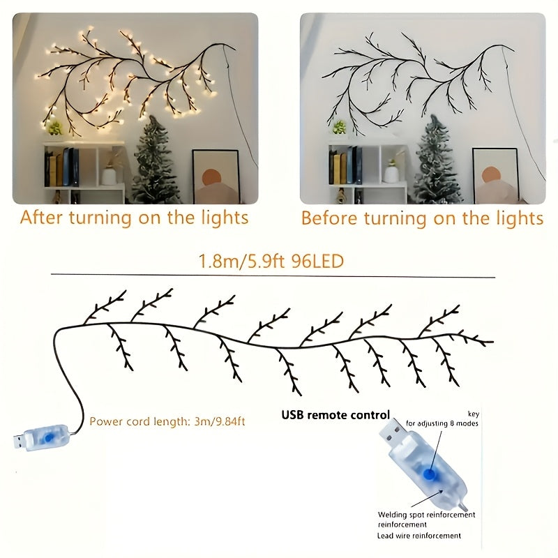 1 piece, 96 LED Willow Vine Lights, 1.8M/5.9ft, indoor decoration, 8 lighting modes fairy lights, USB-powered DIY holiday vine lights for home, wall, staircase and birthday decor
