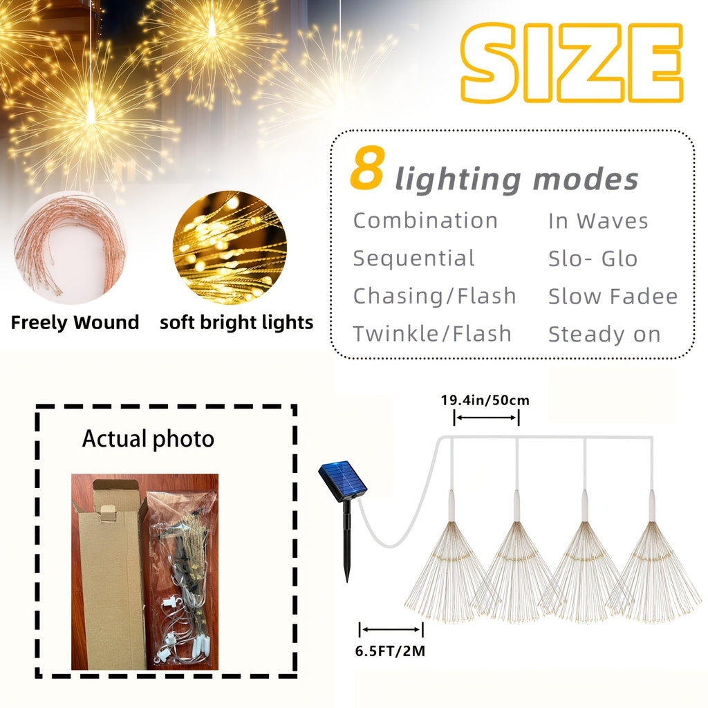 240 LED Solar Hanging Firework Lights, 4 firework lights powered by one main unit, starburst ball lights with 8 selectable modes.balcony railings and porch dinner lighting accents on Christmas Eve, IP44 splash-proof for outdoor use