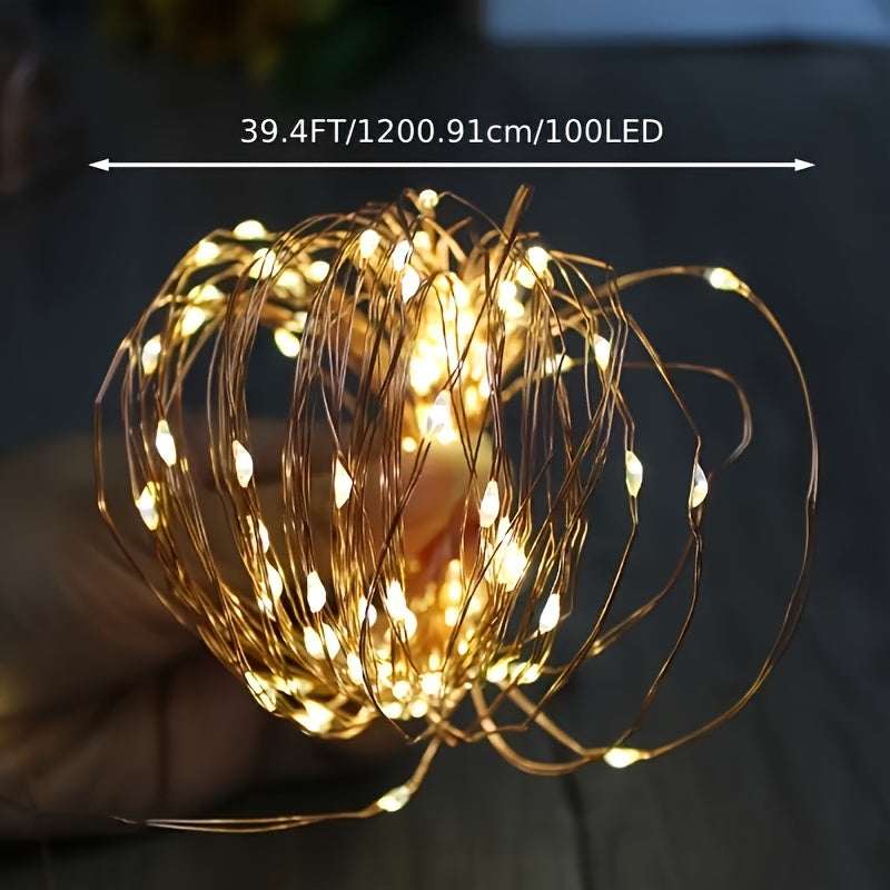 2 packs of solar light strings, ambient lights. Each pack is 39 feet long with 100 LED solar lights. Each string features copper wire flickering with 8 lighting modes, suitable for wedding decorations and outdoor use with IP44 waterproof rating.